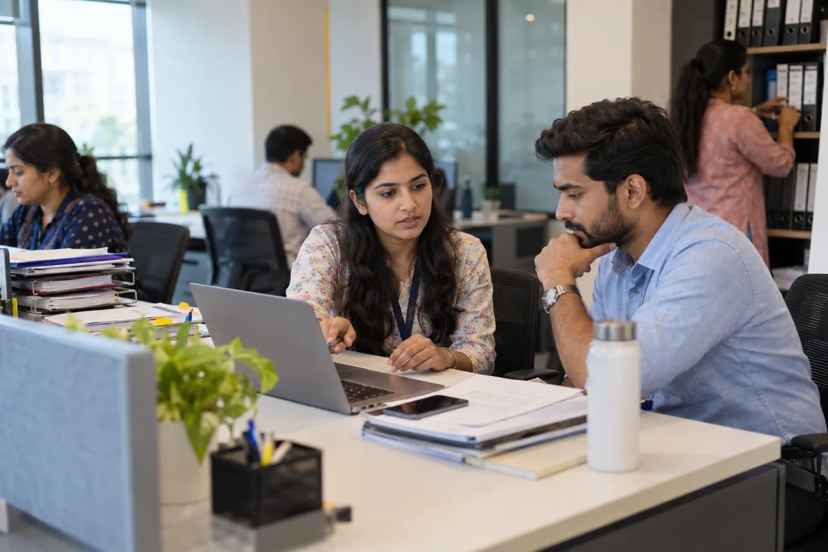 HR associate discussing employee support with a colleague