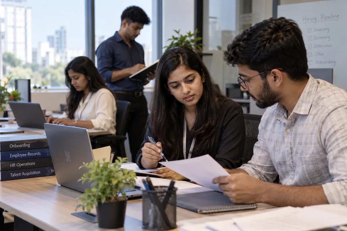 HR intern learning a document process with a mentor