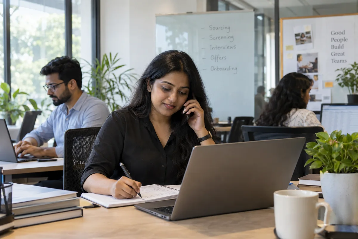 Recruiter speaking to a candidate while taking notes