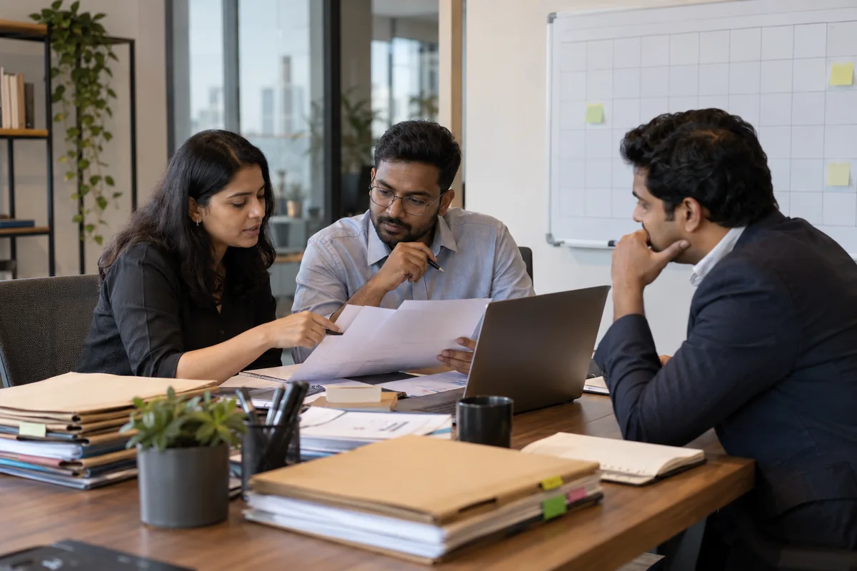 HR practitioners and a business manager examining records during a diagnostic review