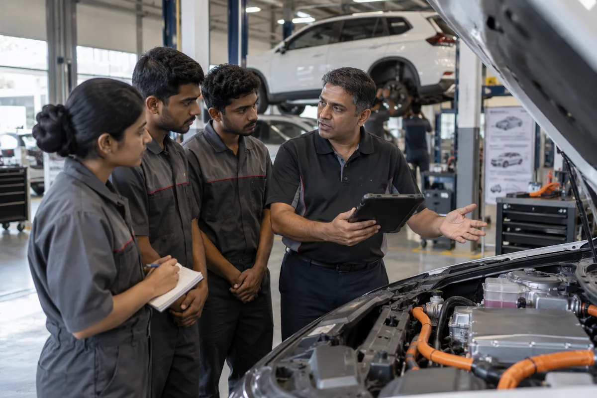 Experienced technician teaching colleagues beside a vehicle