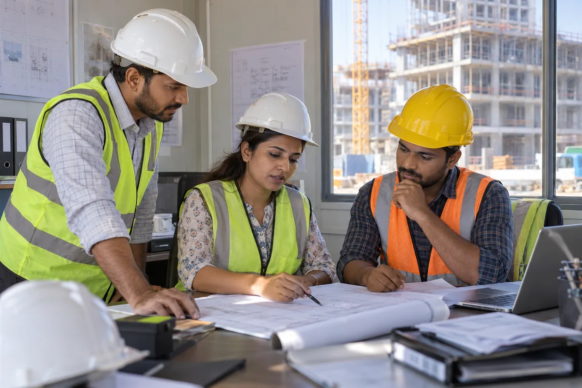 Construction supervisors and an HR coordinator reviewing crew deployment in a site office