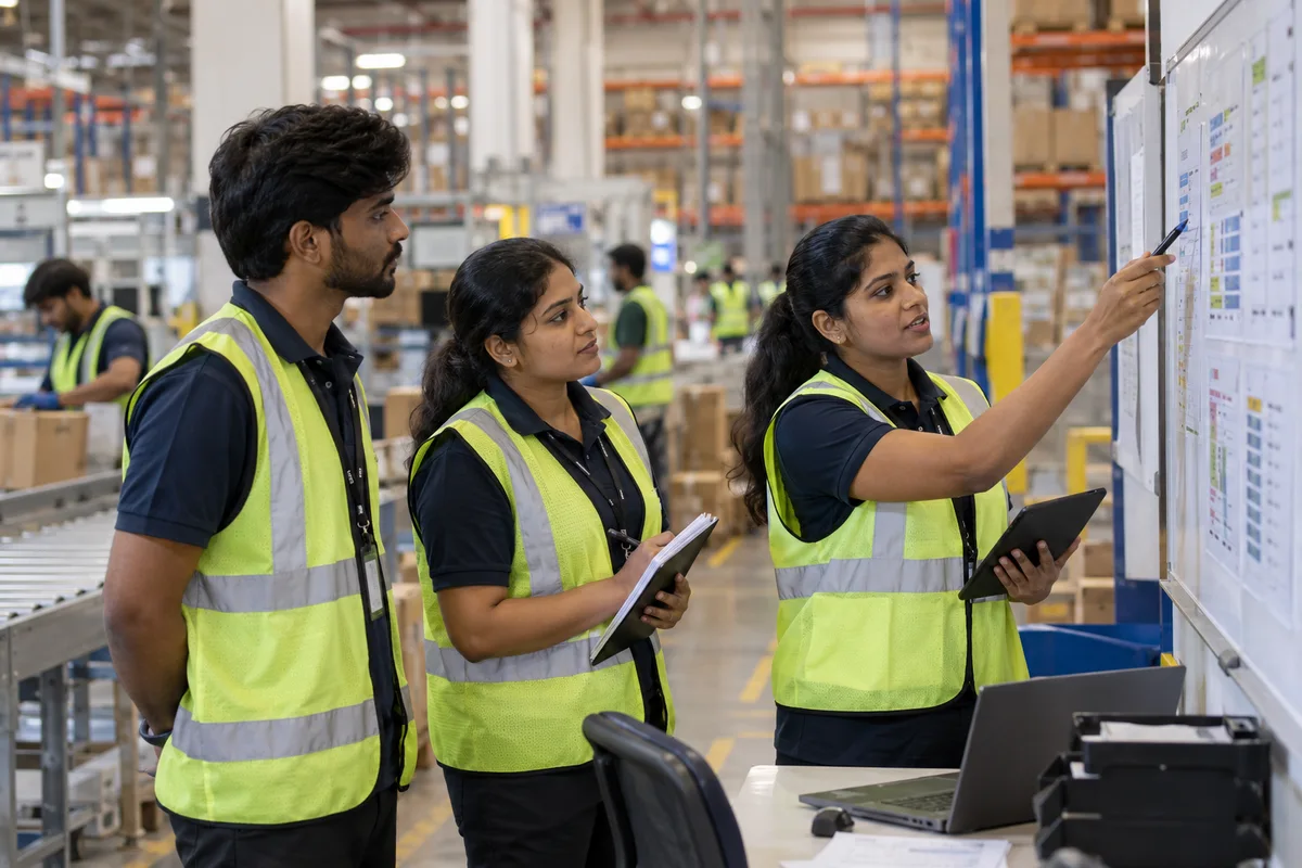 Warehouse supervisor explaining career progression to floor staff