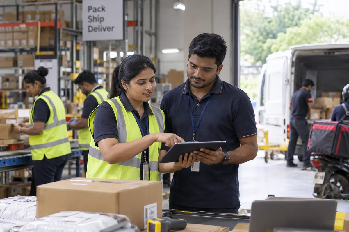 Fulfilment manager reviewing pay inputs with a colleague