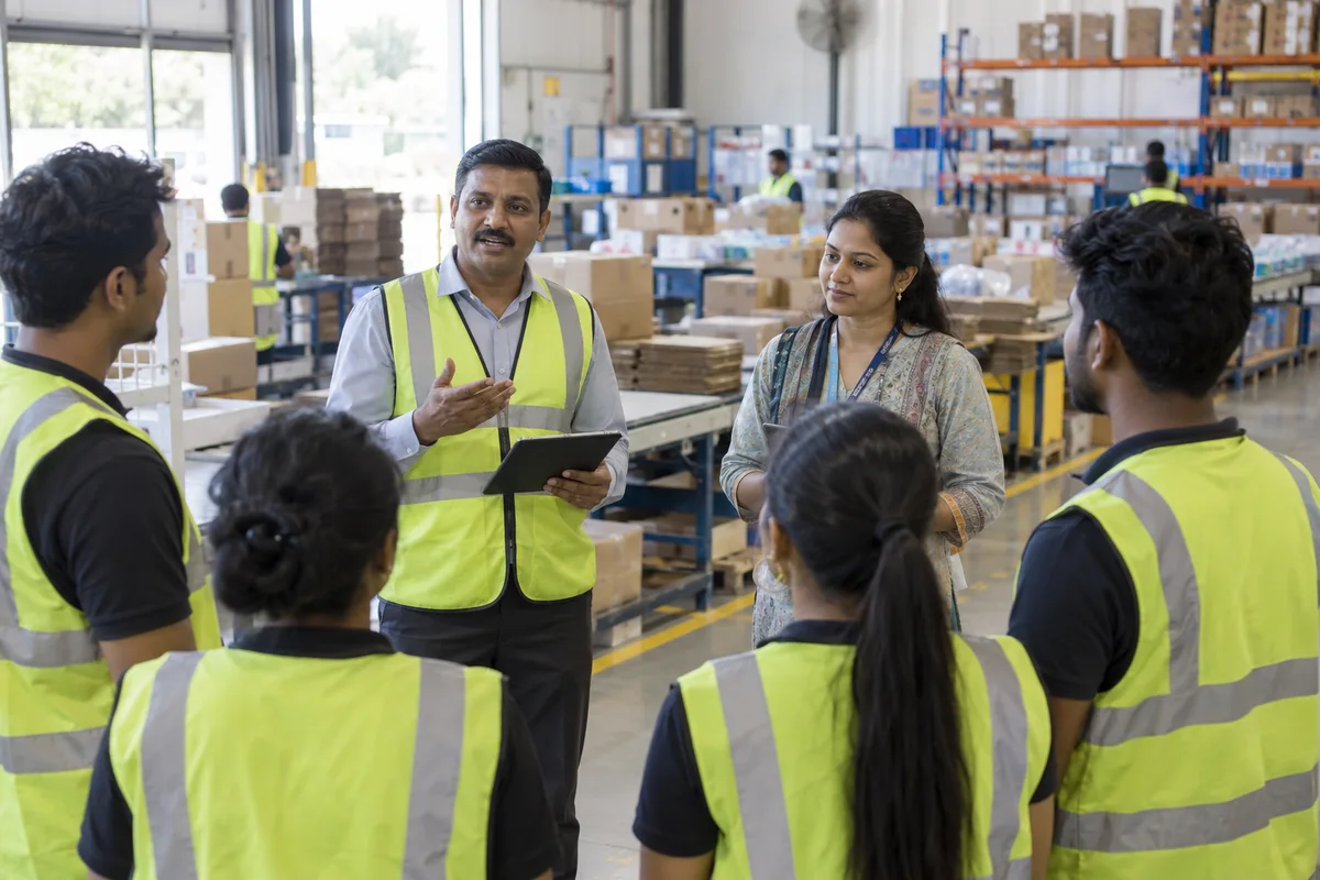 A fulfilment supervisor briefing newly joined warehouse staff before their shift
