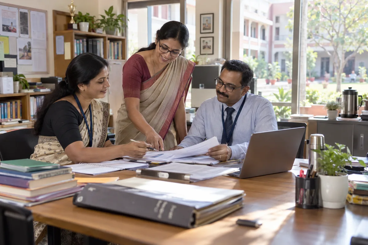 School staff discussing the coming term’s timetable and staffing in a staff room