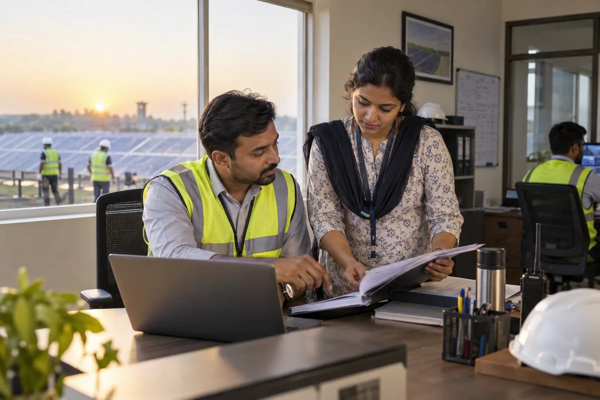 A power facility supervisor and HR coordinator checking technician records with solar panels outside