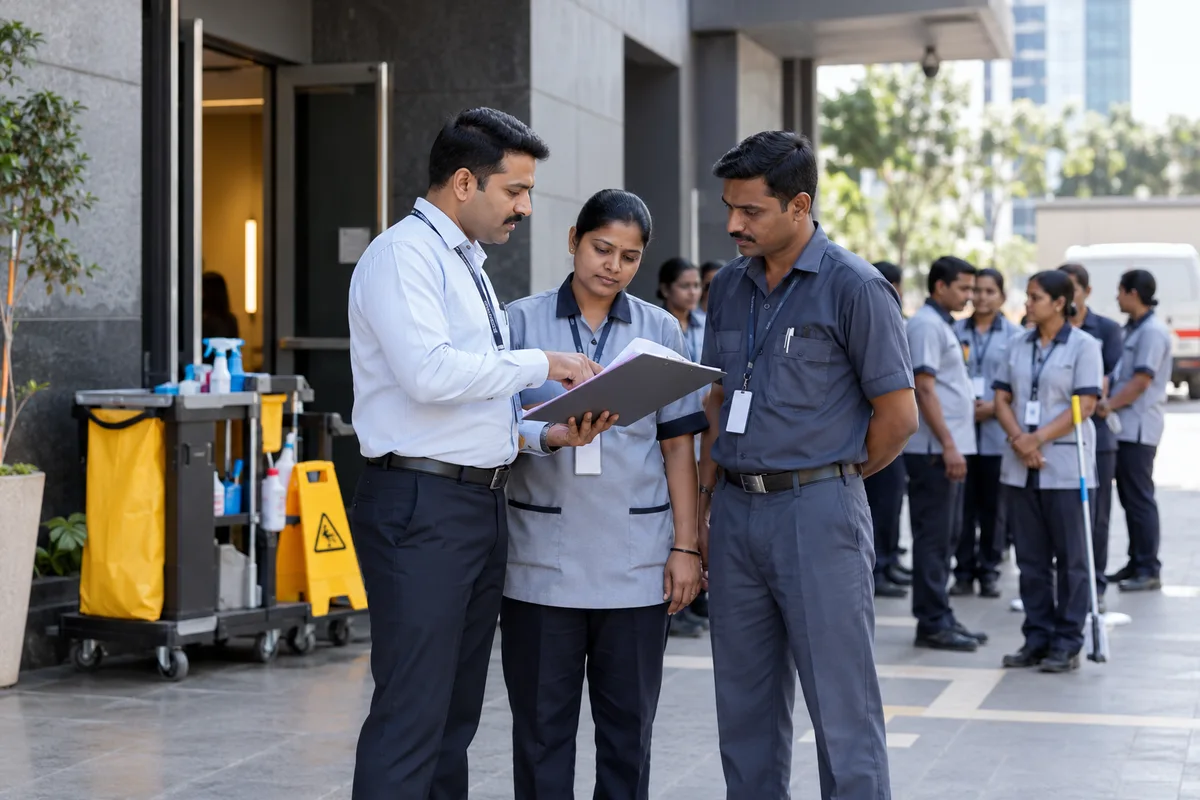A facility supervisor reviewing deployment with housekeeping and maintenance staff at a client building