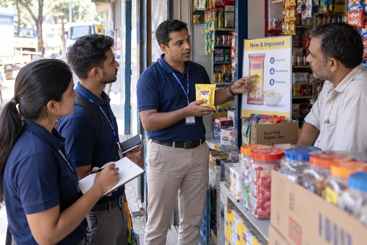 Sales trainer coaching staff at a retail counter