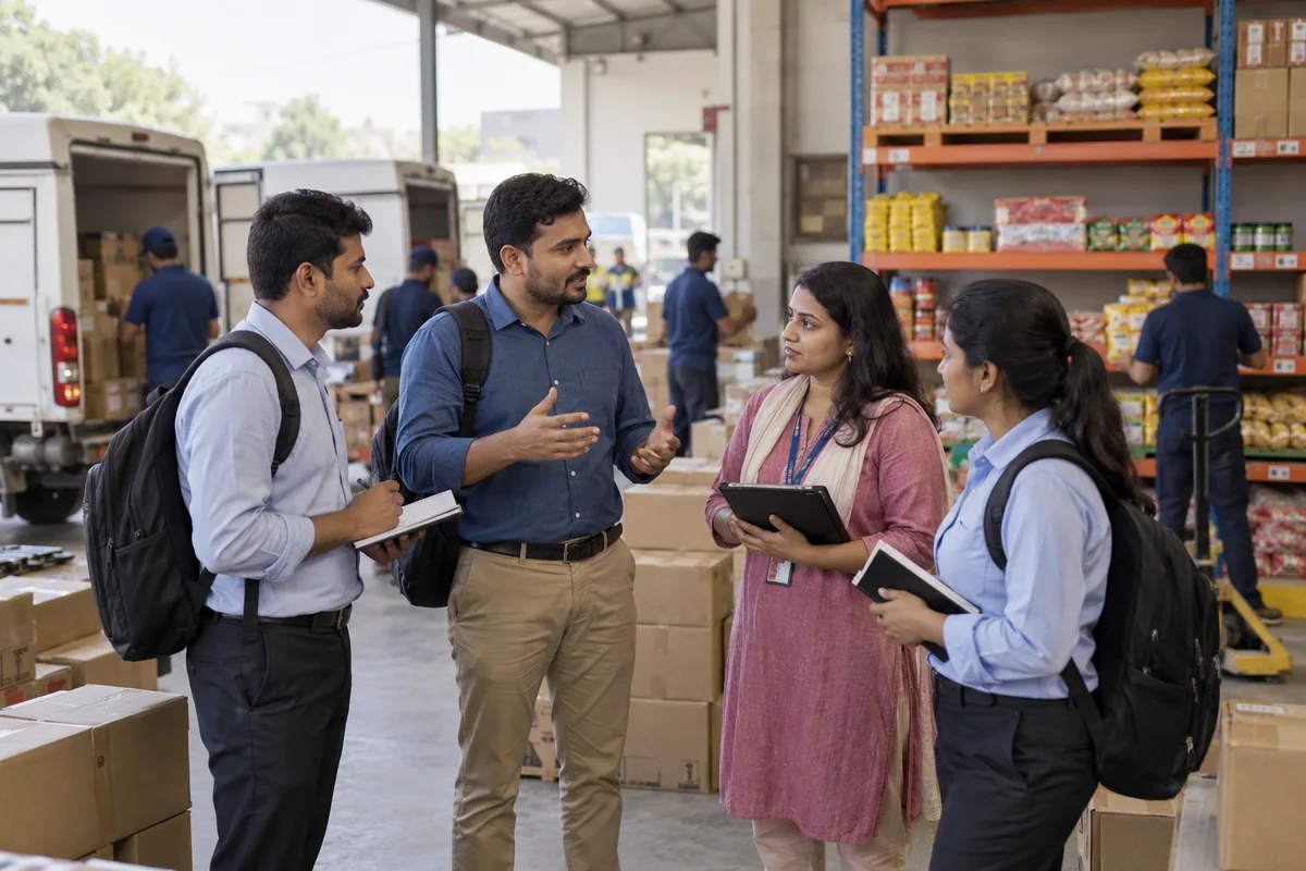 A field sales team and HR coordinator discussing territory coverage at a consumer goods depot