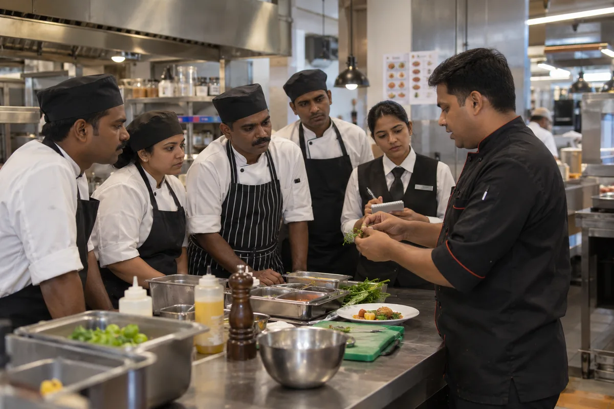 Chef demonstrating a practical skill to kitchen and service staff