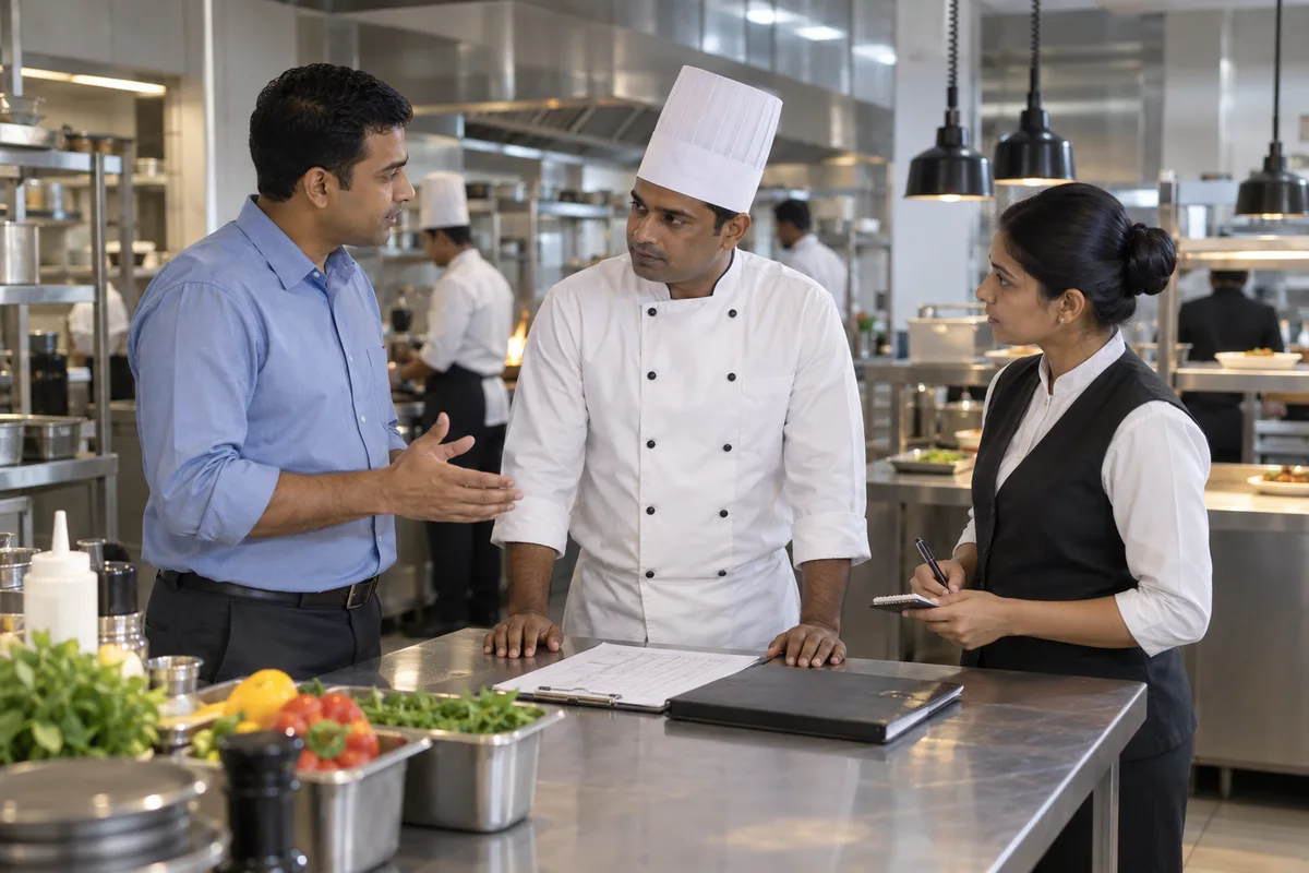 A restaurant manager, chef and service supervisor planning staffing before opening
