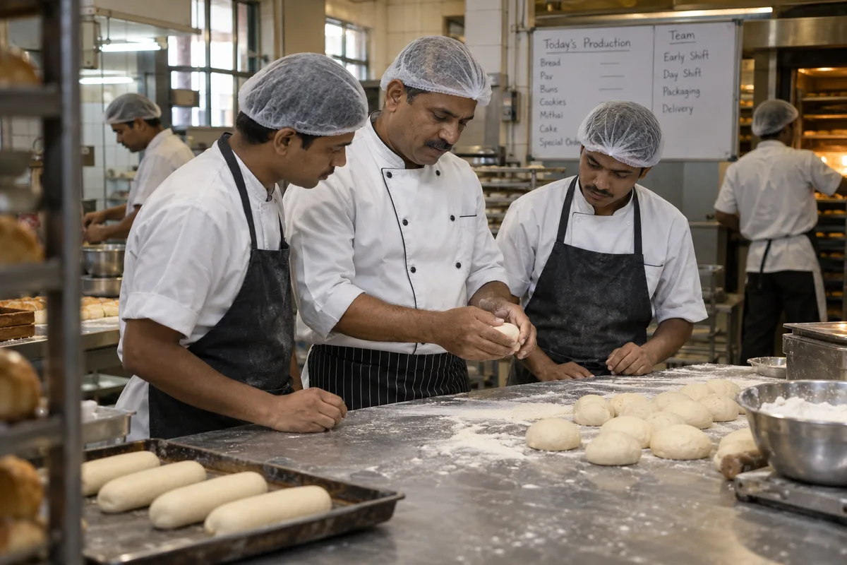 Experienced baker demonstrating a technique to colleagues
