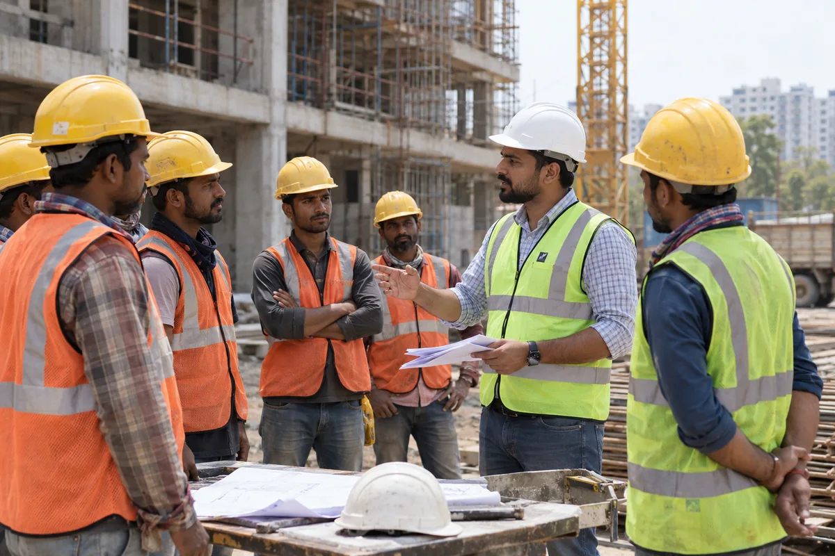 Construction supervisor briefing subcontractor crew members