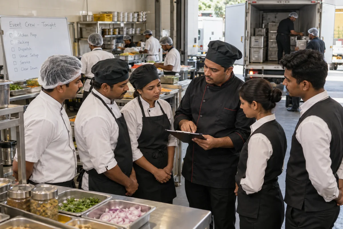 Catering lead allocating responsibilities to kitchen and event staff