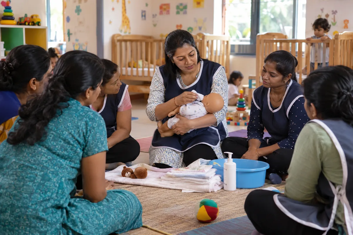 Childcare trainer demonstrating infant care using a practice doll