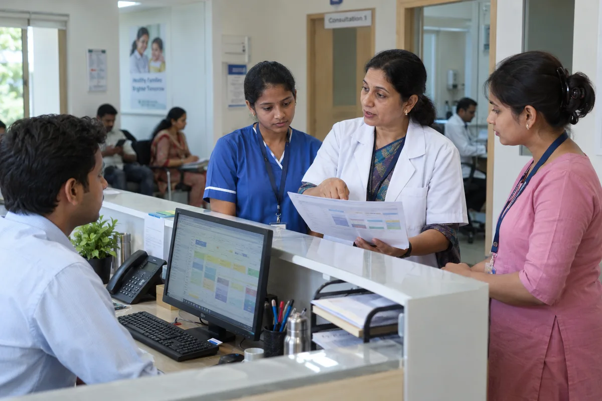 Clinic staff coordinating clinician and front desk schedules