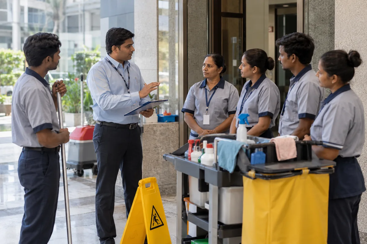 Cleaning supervisor briefing a team at a client building