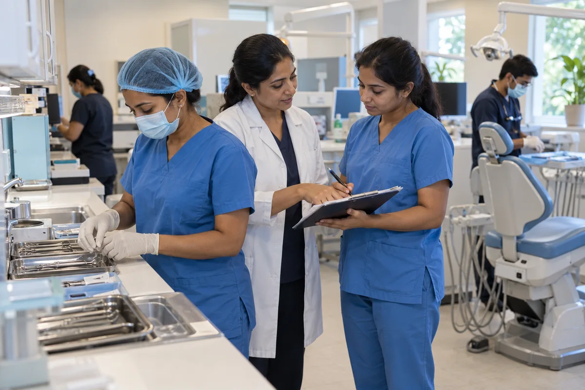 Dental practice staff checking team readiness and records