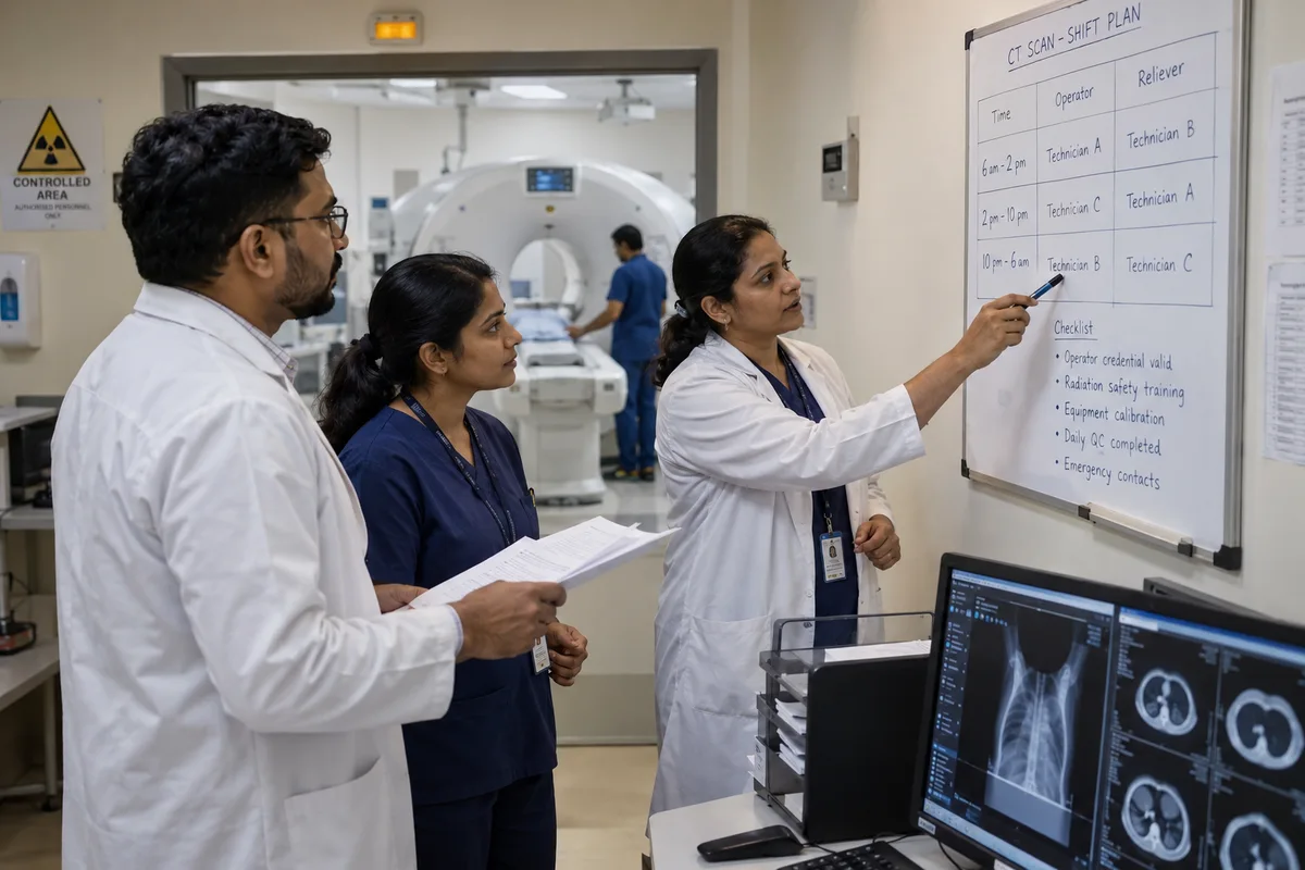 Diagnostic centre staff reviewing technician duty allocations