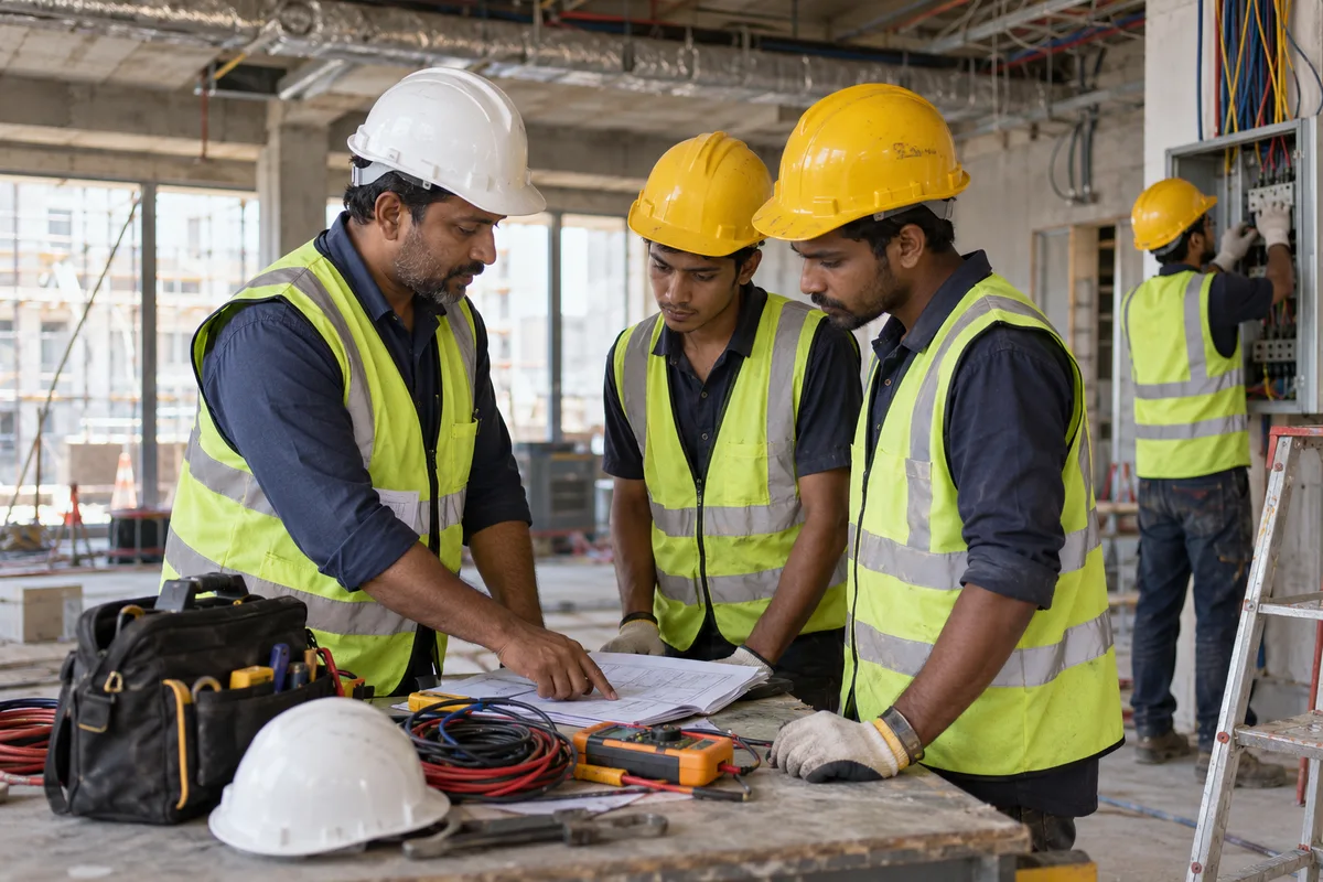 Electrical supervisors checking crew skills and site plans