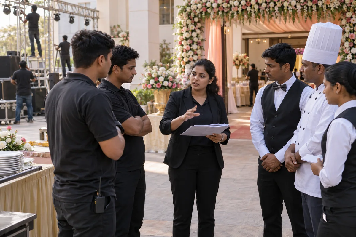 Event manager briefing kitchen and floor crews before an event