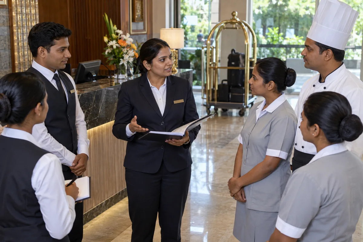 Hotel manager coordinating housekeeping and service staff
