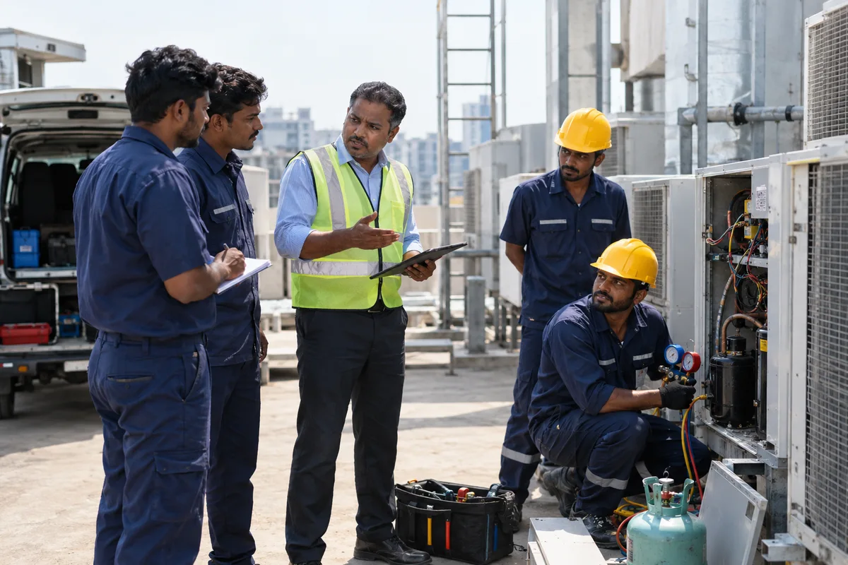 HVAC supervisor reviewing service assignments with technicians