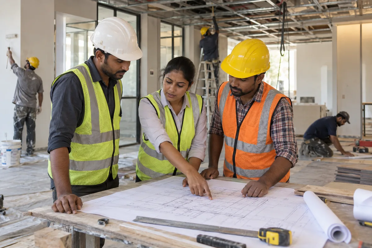Fit-out project team planning work across trades