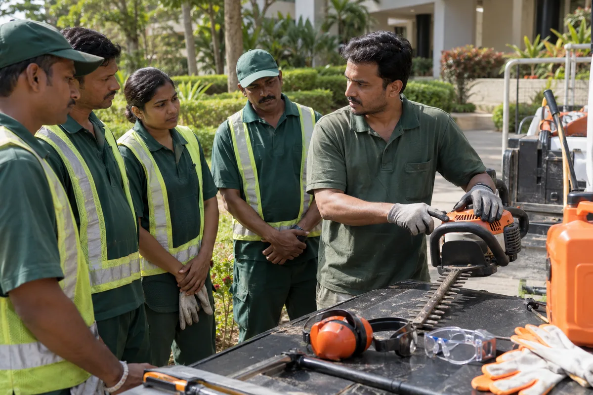 Landscape supervisor demonstrating equipment preparation to a crew