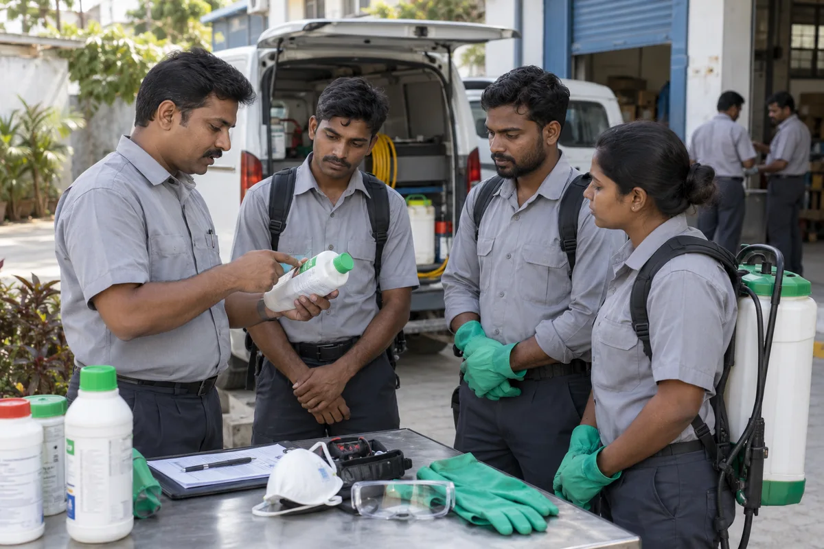 Pest control supervisor checking equipment and briefing technicians