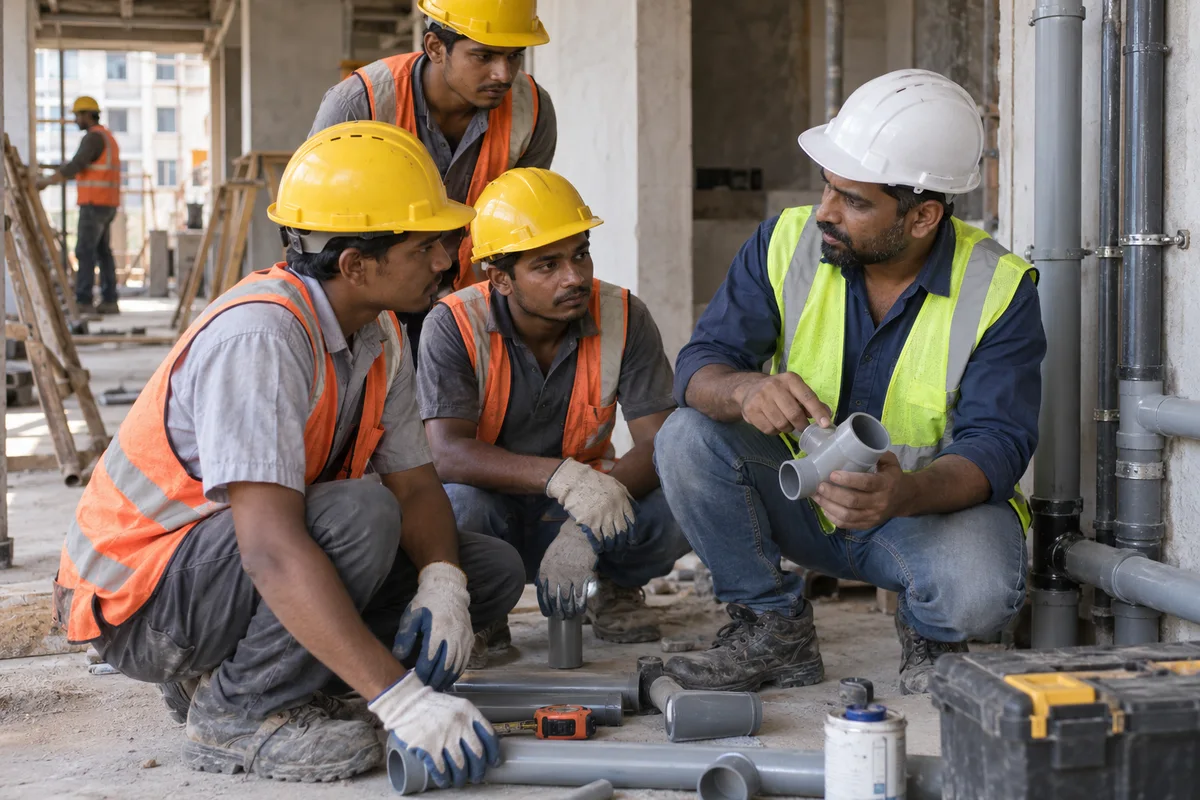 Experienced plumber teaching helpers before site work