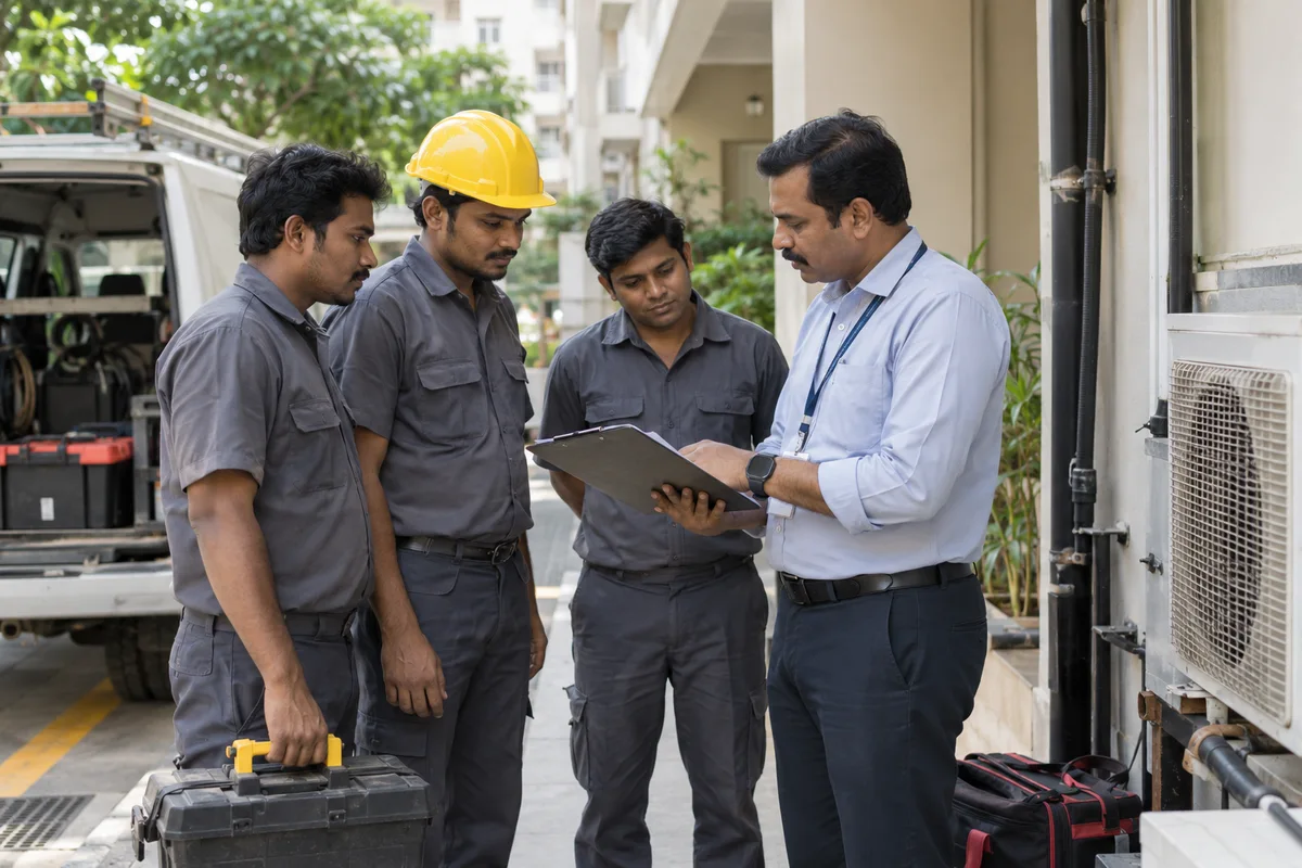 Property maintenance supervisor assigning work to technicians