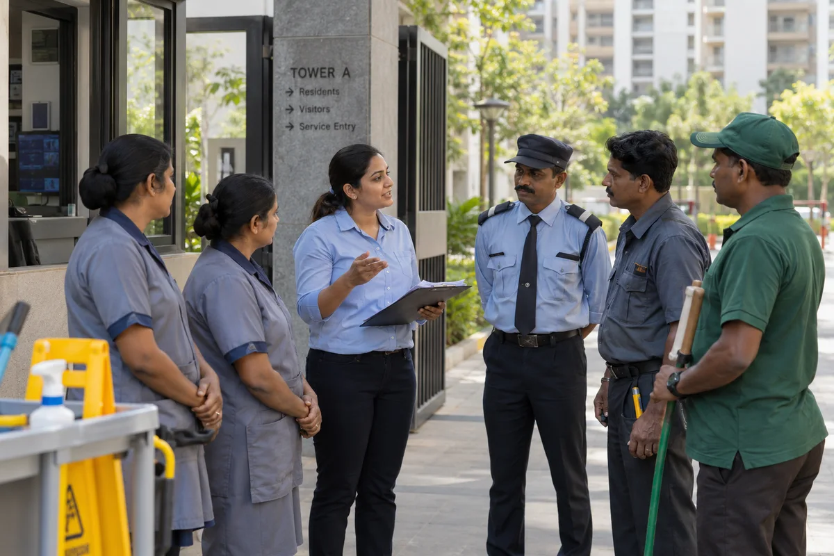 Property supervisor briefing cleaning, security and maintenance staff