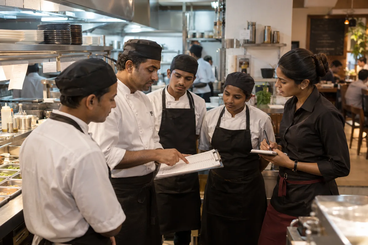 Restaurant team coordinating kitchen and floor duties