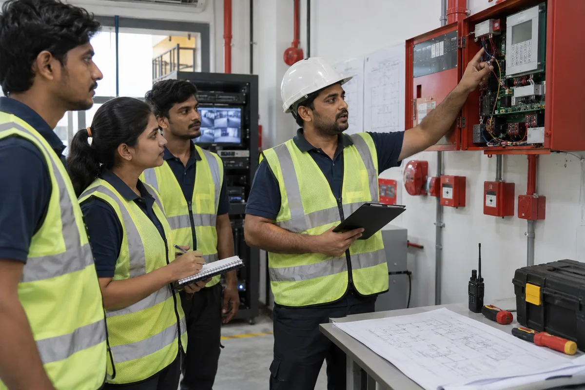 Fire protection supervisor teaching technicians at a demonstration panel