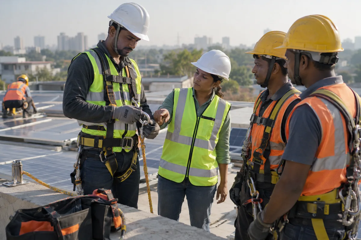 Solar installation team reviewing protective equipment before work