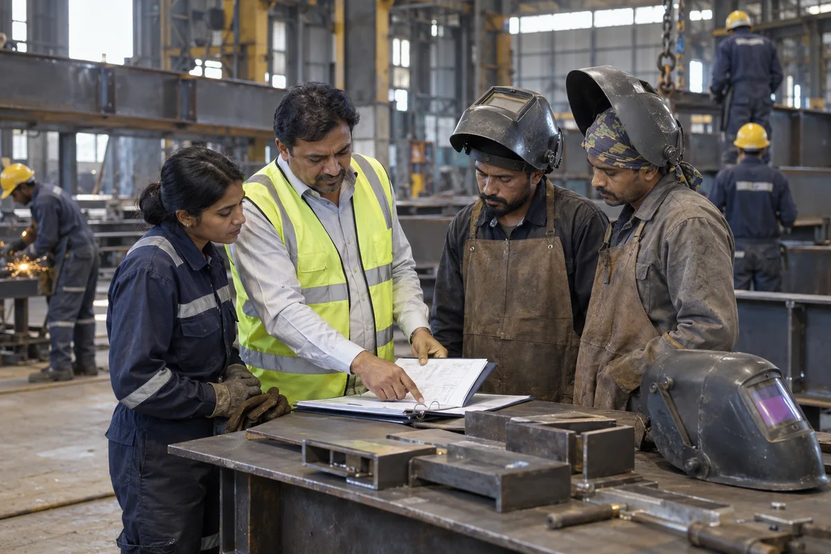 Fabrication supervisor discussing welder skills and work standards