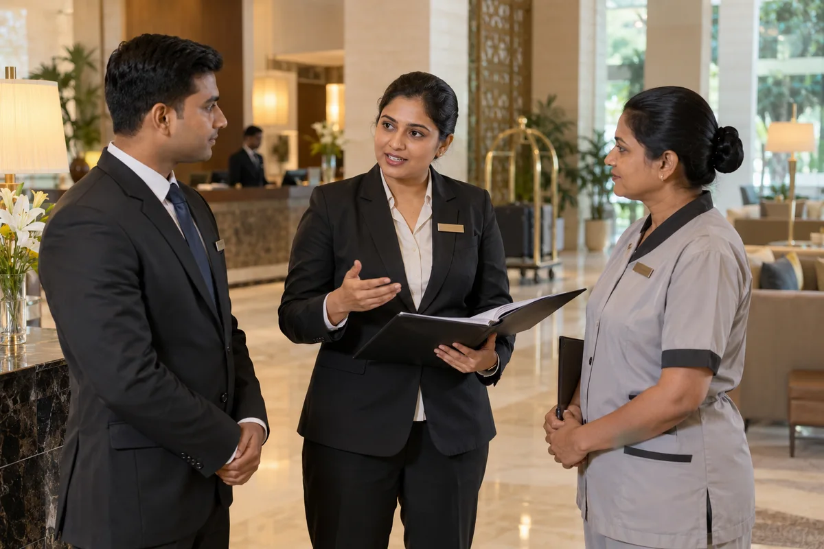 Hotel colleagues from HR, reception and housekeeping discussing the next shift