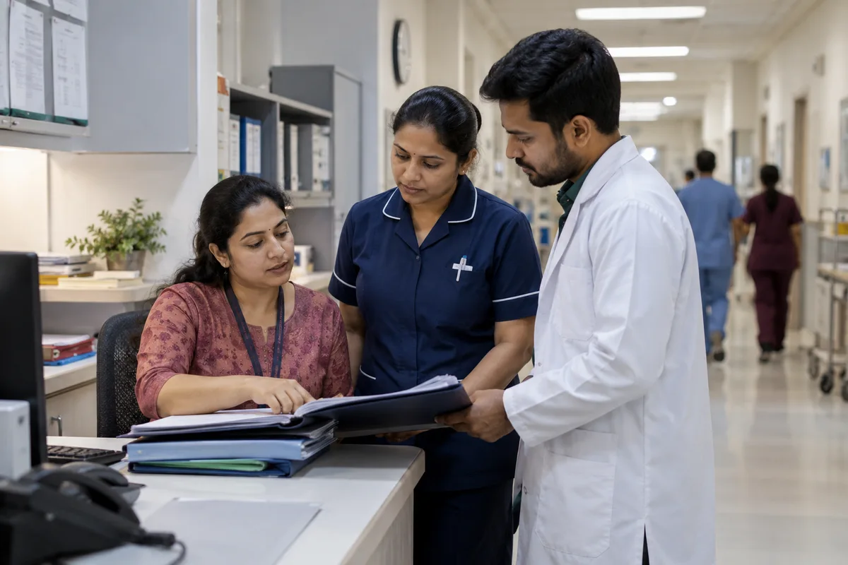 Hospital colleagues reviewing a staff duty roster and credential records