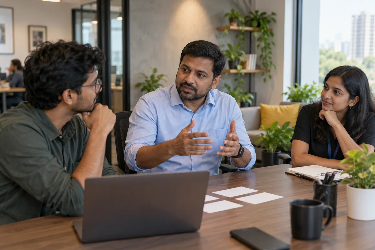 A developer discussing career progression with an engineering manager and HR partner