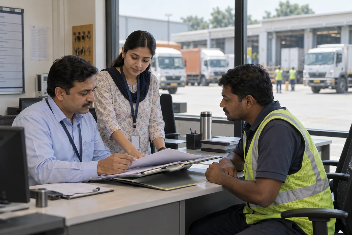 A fleet supervisor and HR coordinator reviewing a driver's records at a transport depot