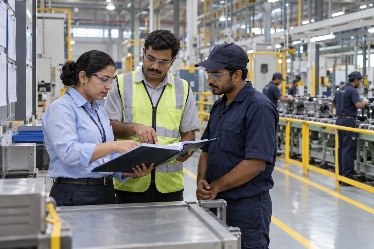 A plant HR officer and production colleagues planning shift coverage at a factory briefing station