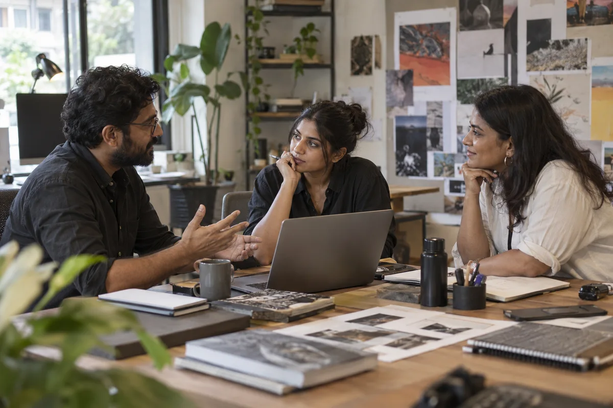 Creative agency colleagues discussing account workload and career progression in a design studio
