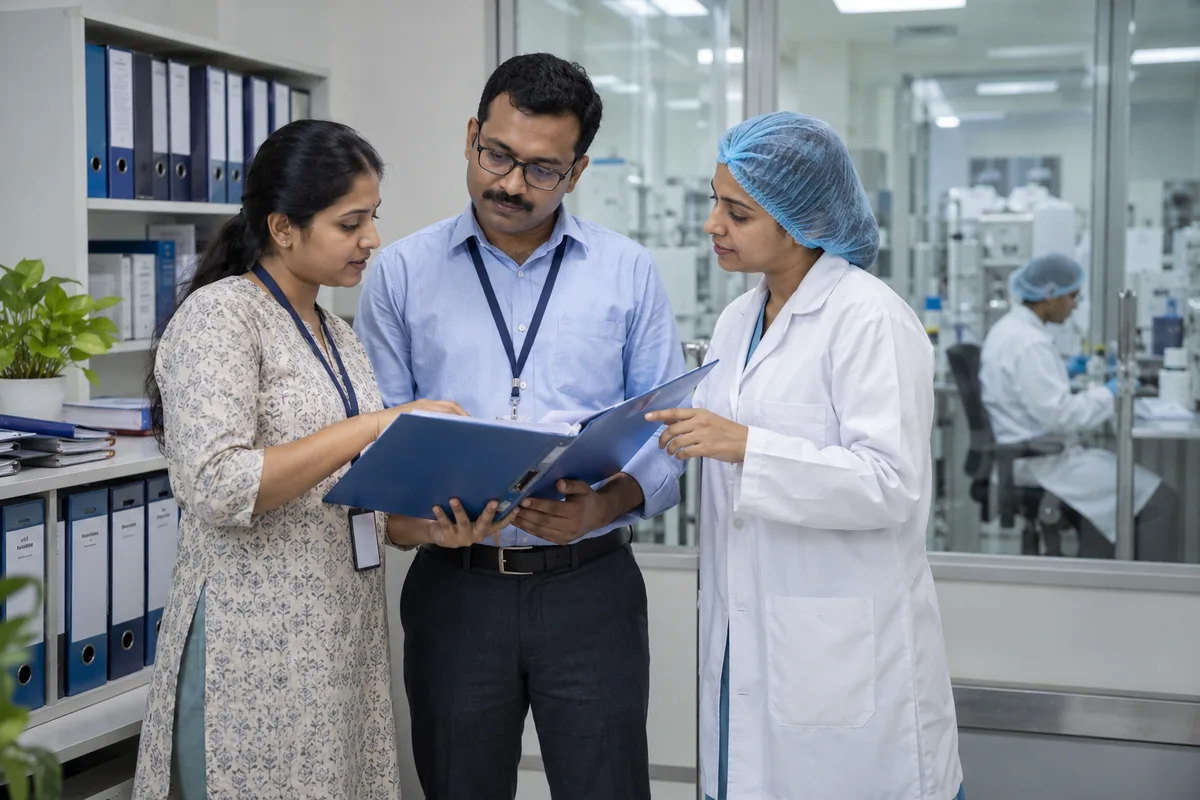 An HR coordinator and pharmaceutical specialists reviewing staff training and qualification records