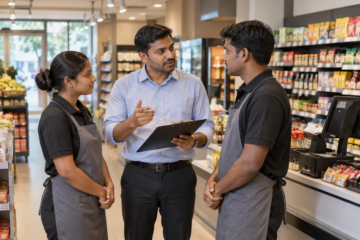 A retail store manager briefing sales and checkout colleagues before opening