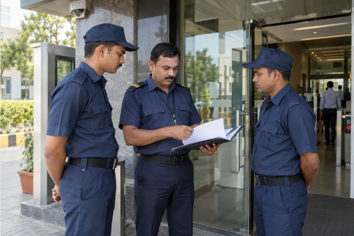 A security supervisor reviewing the duty roster with guards at a commercial building entrance