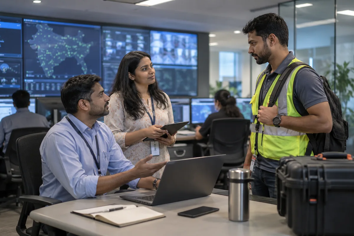 Telecom operations colleagues planning on-call coverage with a field engineer in a network office