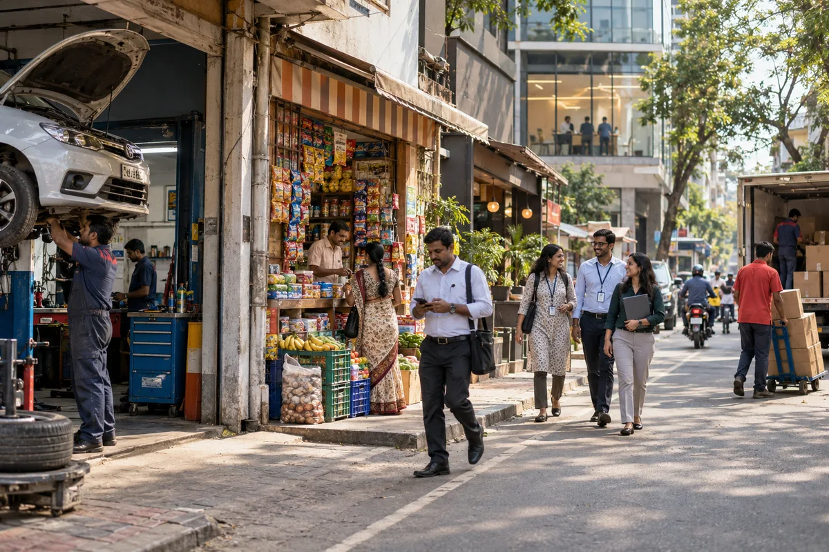 People working along an Indian business street with a workshop, retail store and offices