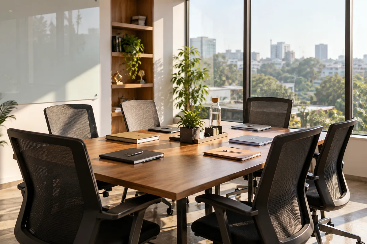 A sunlit office meeting room with notebooks prepared for team collaboration